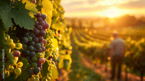 Lush grapevines teeming with colorful clusters of grapes at sunset, with a farmer surveying the vineyard in the background.