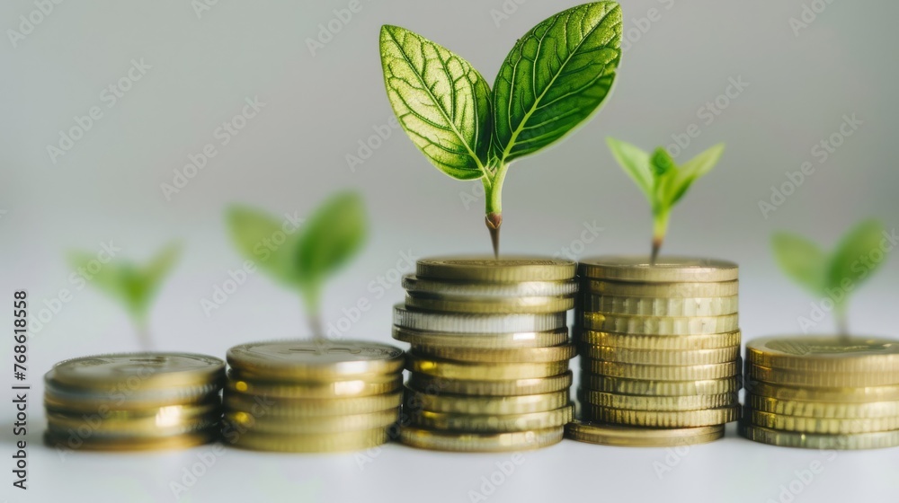 A stack of golden coins with green sprouts. Personal Banking, Investing, Financial Freedom A stack of golden coins with green sprouts. Personal Banking, Investing, Financial Freedom