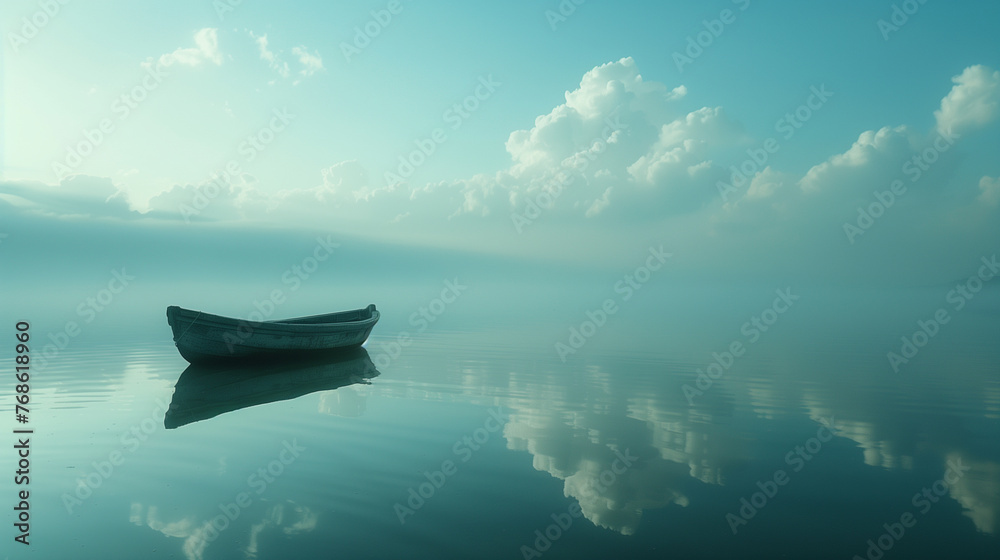 A lone boat floats on glassy water, shrouded in morning mist, with clouds reflecting a tranquil scene.
