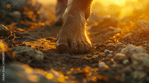 A close-up of a bare foot walking on dry soil, with the warm glow of the setting sun highlighting the textured ground.