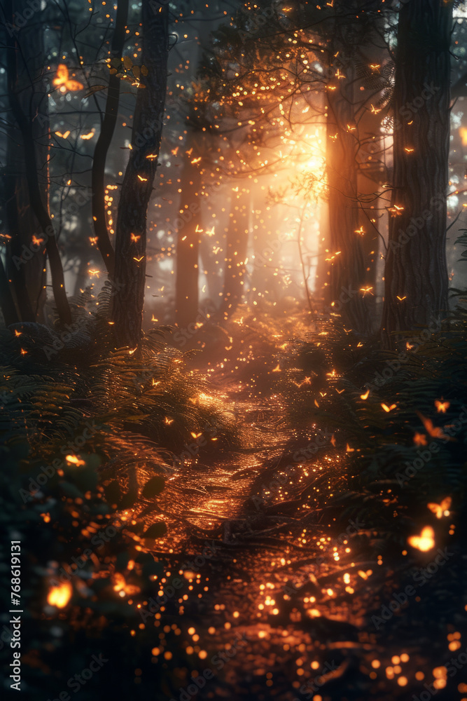 Enchanted forest pathway at dusk, illuminated by glowing fireflies and warm sunset light filtering through dense trees, creating a magical and serene atmosphere. Enchanted forest pathway at dusk, illuminated by glowing fireflies and warm sunset light filtering through dense trees, creating a magical and serene atmosphere.