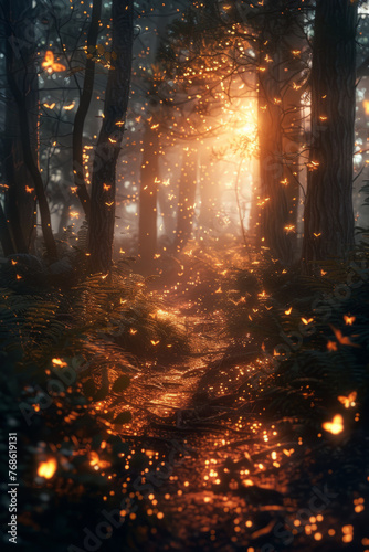 Enchanted forest pathway at dusk, illuminated by glowing fireflies and warm sunset light filtering through dense trees, creating a magical and serene atmosphere.