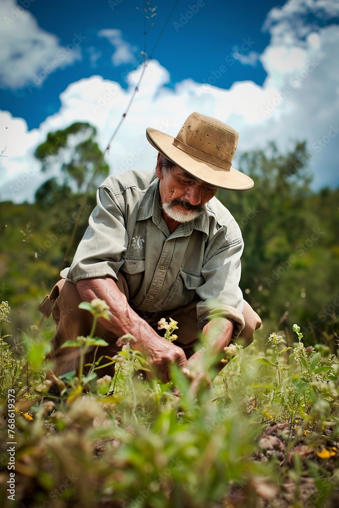 Man in Hat Standing in Field of Flowers Man in Hat Standing in Field of Flowers