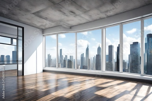 Empty loft unfurnished contemporary interior office with city skyline and buildings city from glass window photo