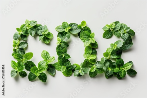 "CO2" Spelled Out in Fresh Green Leaves on White Backdrop