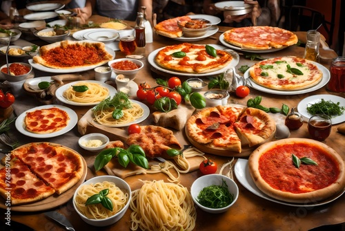 A summer dinner .Pasta , pizza and homemade food arrangement in a restaurant Rome .Tasty and authentic Italian food.
