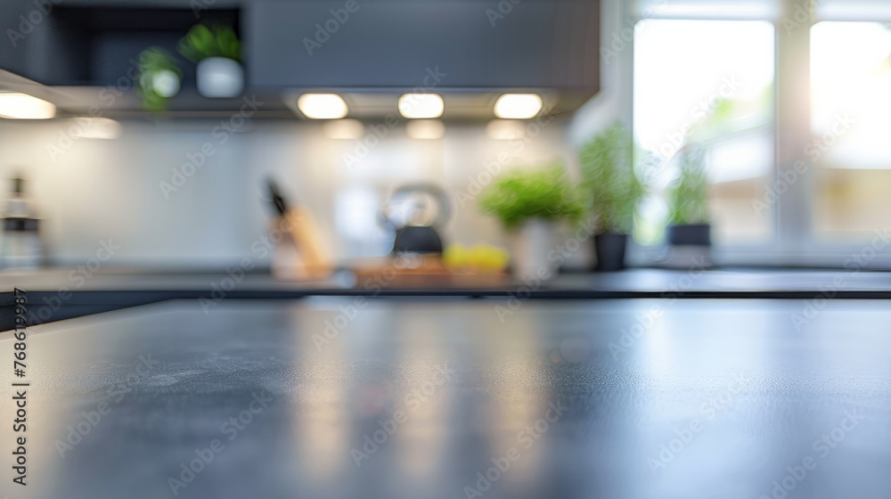 Showcase your products on an elegant, modern kitchen countertop, featuring a sleek and blur bokeh background in bright and pristine condition.