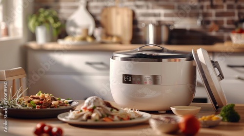 Smart electric rice cooker with lid open. Delicious cooked food sits on a dining room table.