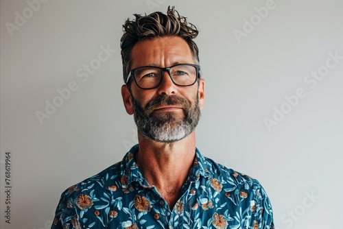 Portrait of a bearded man in a blue shirt and glasses.