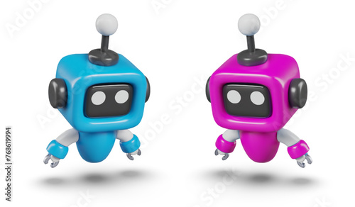 Blue and pink mini bots are looking down. Set of cute droids for AI concepts, game scenes, ads