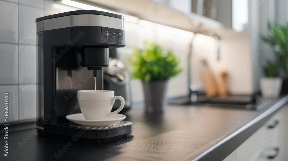 Modern coffee maker with a cup sitting on the kitchen counter. - obrazy, fototapety, plakaty 