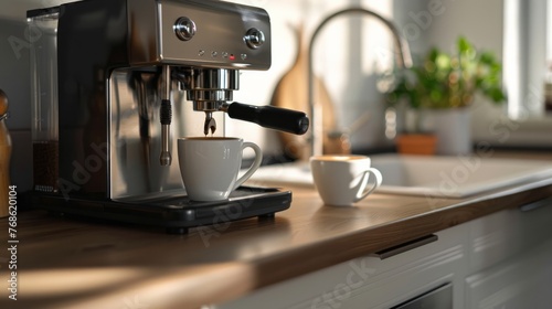 Modern espresso machine with a cup in a home kitchen.