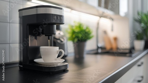 Modern coffee maker with a cup sitting on the kitchen counter. photo