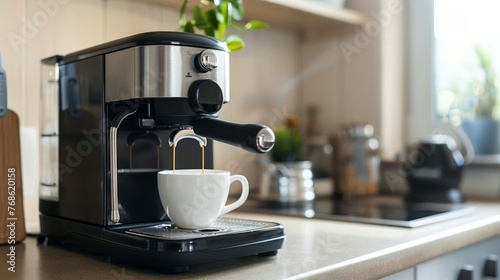 Modern coffee maker with a cup sitting on the kitchen counter.