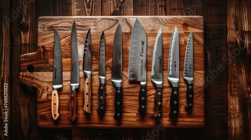 Knives arranged on a cutting board, seen from above. photo