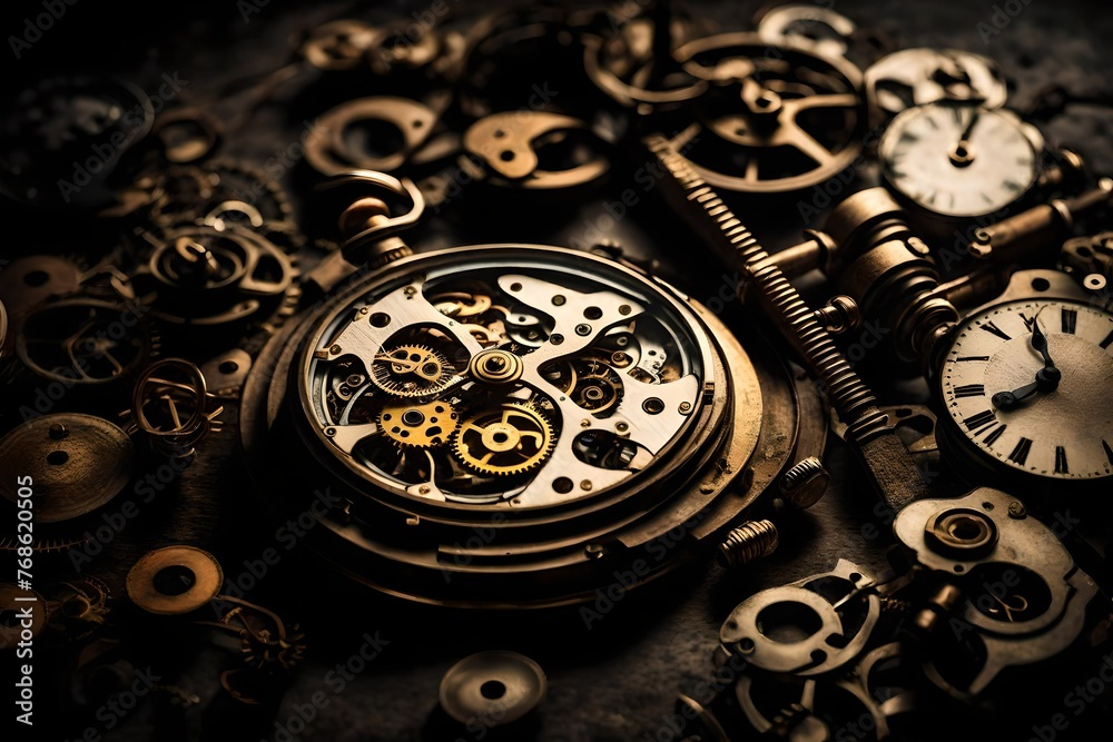 The mechanism of an old antique watch in the dark. Surrounded by black space.