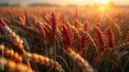 Golden Wheat Field Basks in Vibrant Sunset Hues A Harvest Celebration photo