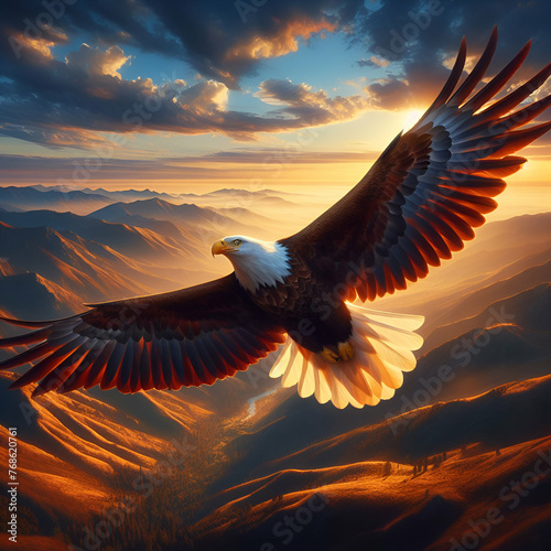 Eagle flying high above californian landscape, with warm sunlight, wings spread in power, bold painting art
