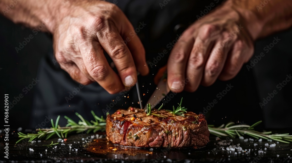 Chef's hands preparing a succulent steak on a black backdrop, leaving room for menu or recipe details.