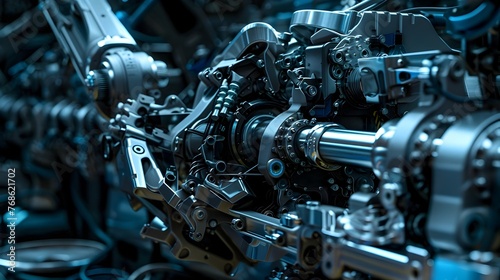 Complex Mechanical Parts of an Engine in Steel Grey and Metallic Blue Hues A Cinematic Close-Up