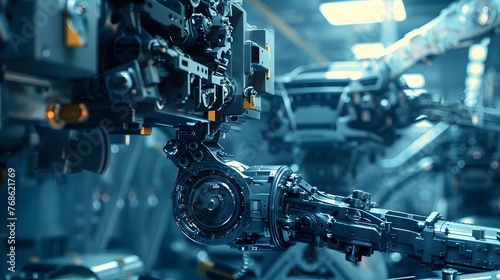 Robot Arm Orchestrating Automotive Production A Futuristic Noir Industrial Assemblage photo