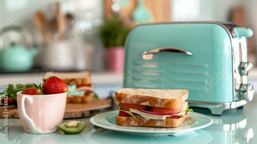 A toaster with plates and sandwiches sits on a bright kitchen table.