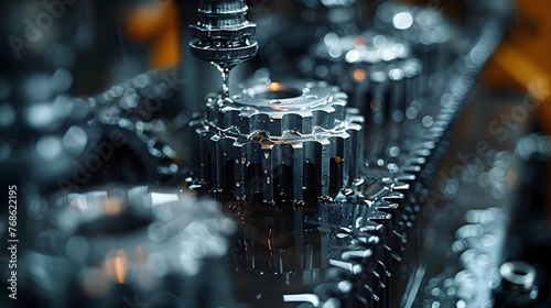Obraz na płótnie CNC Machine in Action Intricate Gears and Fluid Symbolizing Precision Engineering