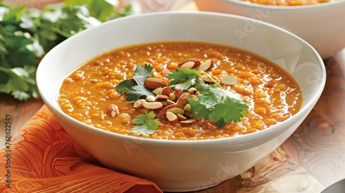 A bowl of red lentil soup, made in a slow cooker, is placed on a wooden surface. The soup is garnished with almonds and cilantro, and served with a white bowl and an orange linen.