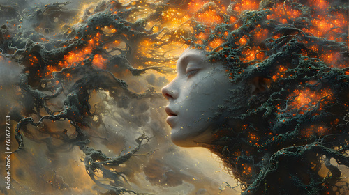Woman Rooted in Flames A Fiery Portrait of Ethereal Foliage photo