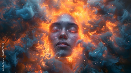 Woman Illuminated by Swirling Flames A Passionate and Powerful Portrait in Blue and Orange Hues