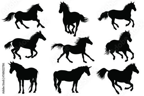 Running horse silhouette collection, pony set,silhouettes of running horses, Collection of galloping horse silhouettes, Elegant running horse silhouettes collection,Rare racing horses vector,