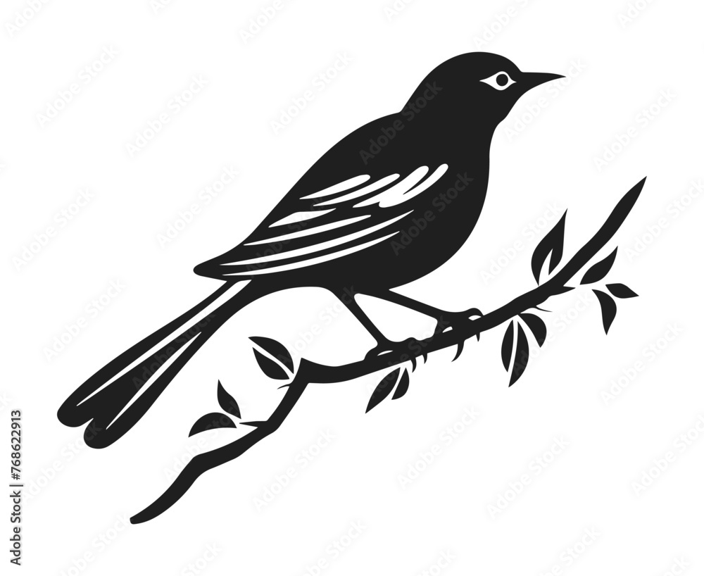 Obraz premium Bird on branch vector illustration. Small sparrow sitting on tree hand drawn black on white background. Spring nature decorative silhouette.