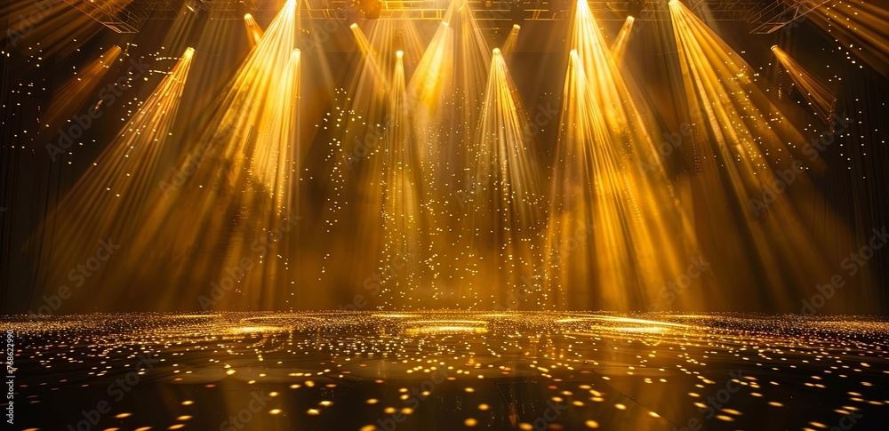 A stage with golden spotlights shining down, creating an atmosphere of mystery and grandeur
