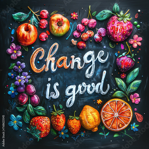 Illustration with a colorful lettering - Change is good and fruits in chalk design style on a black background. The pattern is perfect for the design of posters, cards, banners, chalk boards