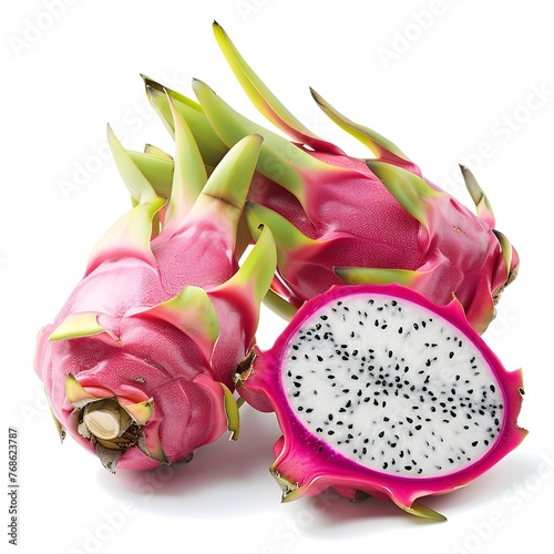 Vibrant Dragon Fruit Split Open, Revealing Juicy Interior and Tiny Black Seeds on Pure White Background photo