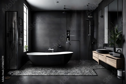 Bathroom interior design with matte black bath and modern shower