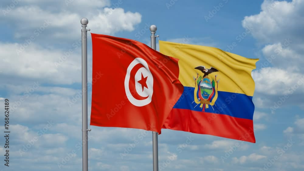 Ecuador and Tunisia two flags waving together, looped video, two country relations concept Ecuador and Tunisia two flags waving together, looped video, two country relations concept