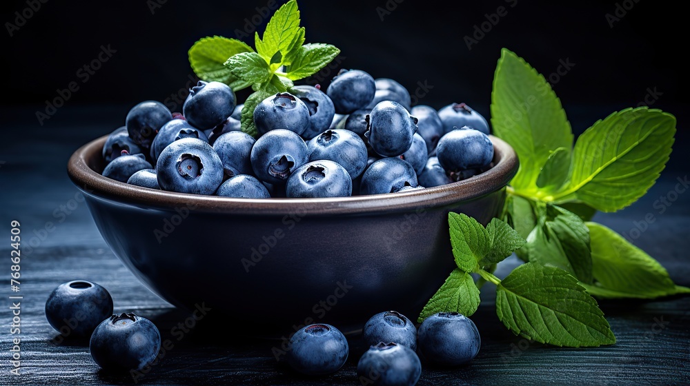 Closeup of ripe blueberries and leaves in a wooden bowl or plate, isolated on dark table background.