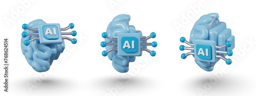 Blue brain with processor, title AI. Combination of human and cyber mind