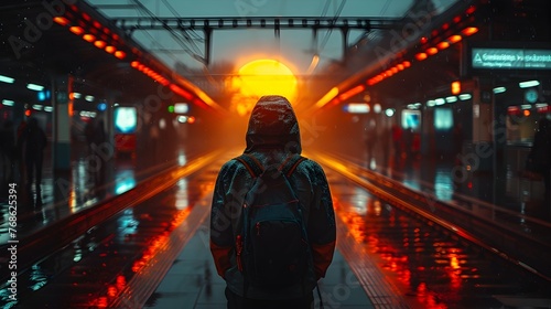 Man in Hoodie Stands Alone at Train Station, Basking in Sunsets Glow and Rains Reflection