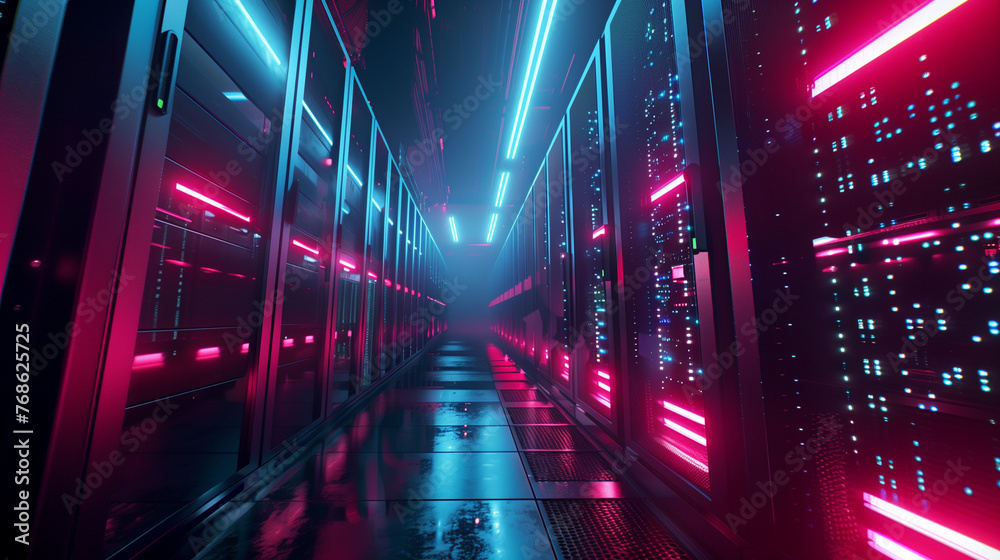 Neon-lit server racks in a data center room. - obrazy, fototapety, plakaty 