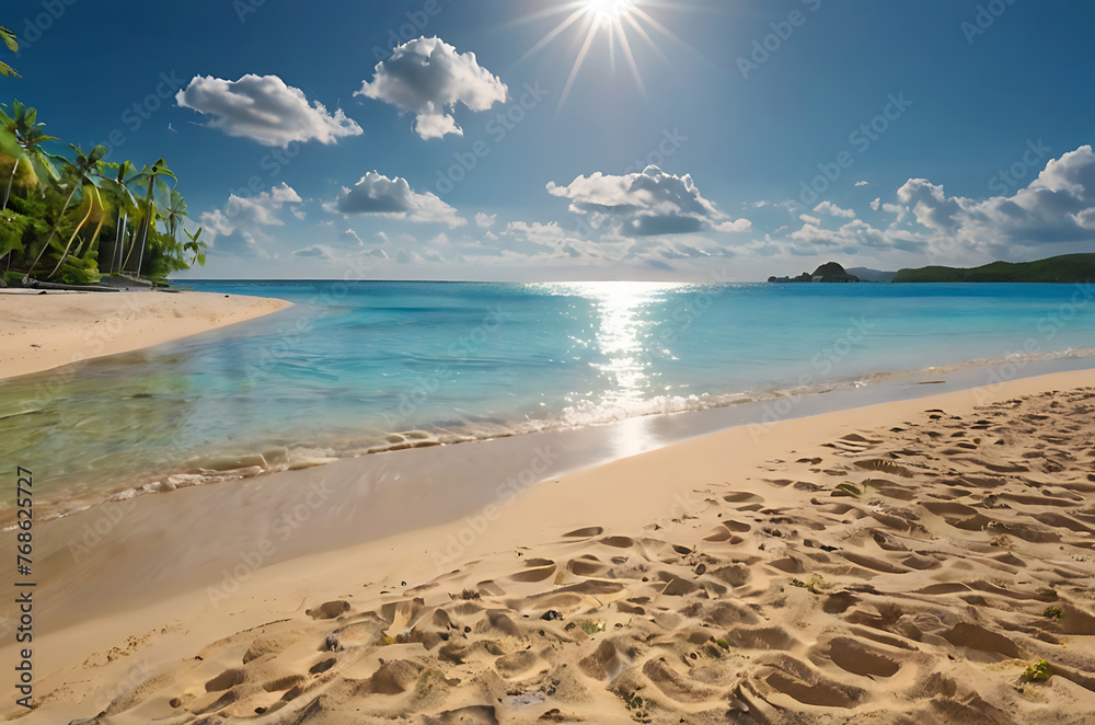 beach with white sand beach sunny light, summer vacation, AI Generative
