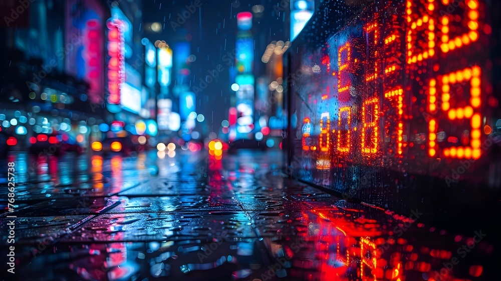 Financial Heartbeat of New York City Stock Market Display Board Reflections on a Rainy Night