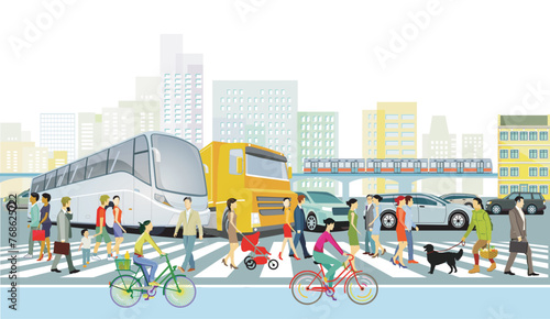 Großstadt Stadtsilhouette mit Straßenverkehr und Fußgänger auf dem Zebrastreifen, Illustration