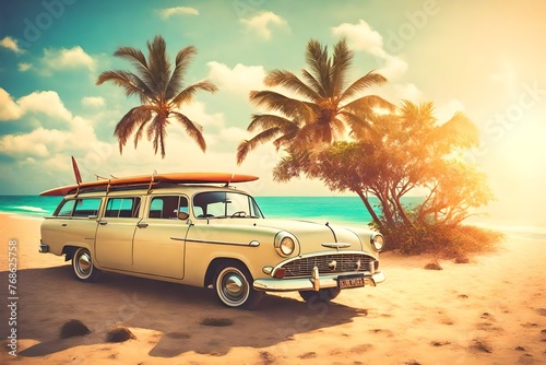 vintage car parked on the tropical beach (seaside) with a surfboard on the roof - Leisure trip in the summer. retro color effect © Maryam