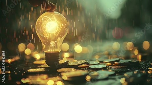 Investment Idea Sparking in the Rain A Light Bulb Held by Hand, Glowing amidst Coins with a Golden Shimmer