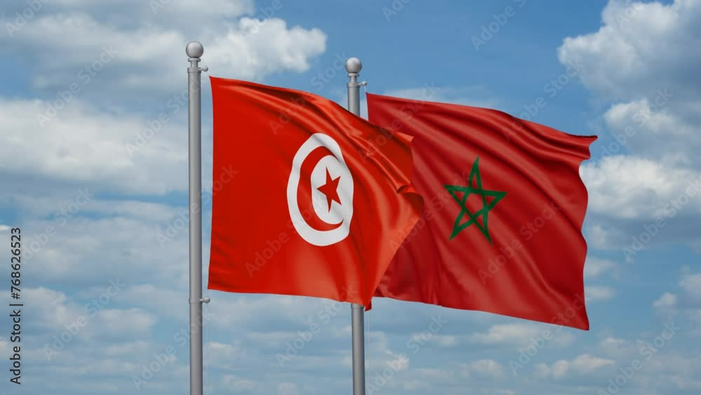 Morocco and Tunisia two flags waving together, looped video, two country relations concept Morocco and Tunisia two flags waving together, looped video, two country relations concept