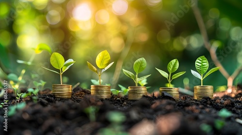 Financial Growth and Business Management Seedlings Sprouting from Coins in a Sunlit Garden photo