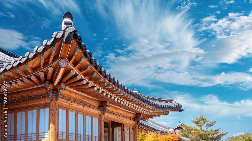 Traditional wooden house architecture which has the beauty of colorful and arches under the blue sky on a sunny day