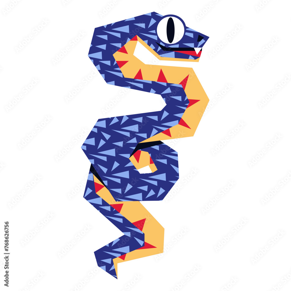 Snakes 2025 is blue and geometric writhing in texture. The isolated sinuous snake is large. Flat style modern vector illustration. The animal of 2025 with big eyes on a white background